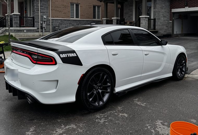 White Dodge Charger Daytona finished, rear three quarter view